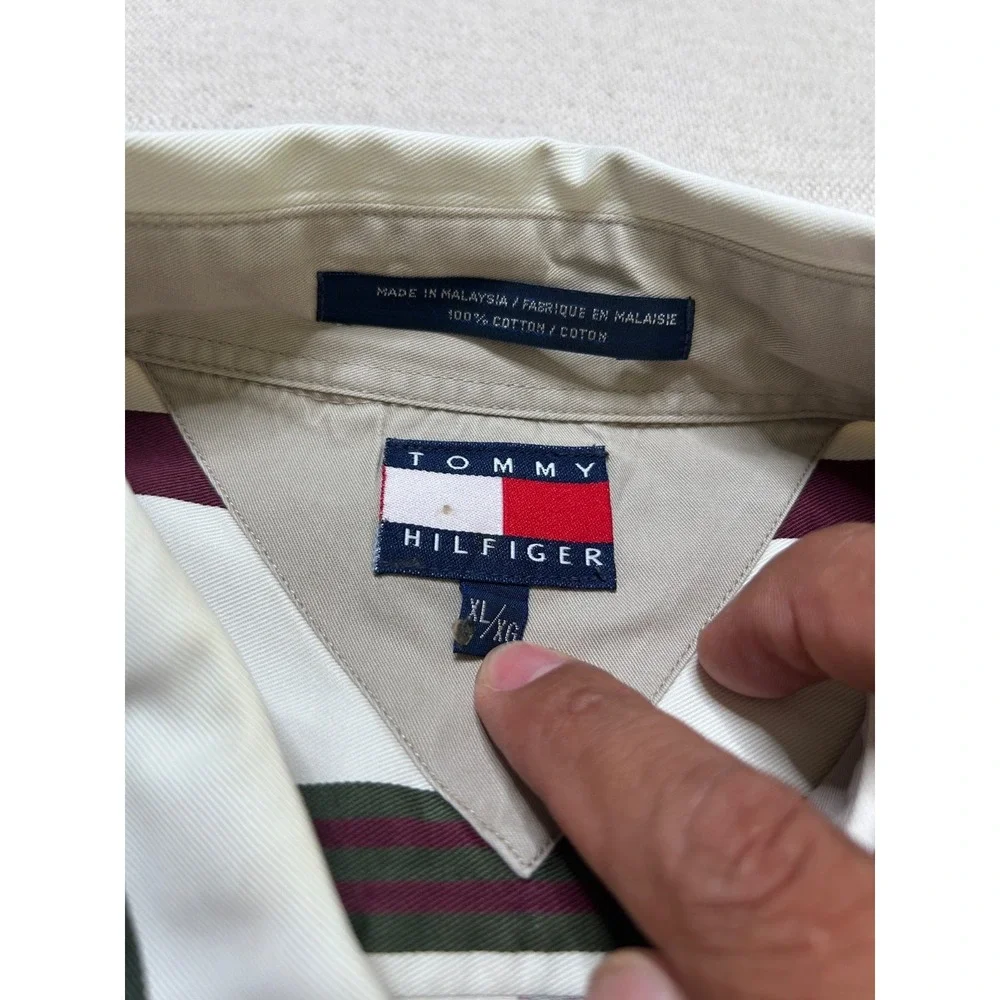 Vintage Tommy Hilfiger Button Up Shirt Men's XL White Purple Striped Long Sleeve